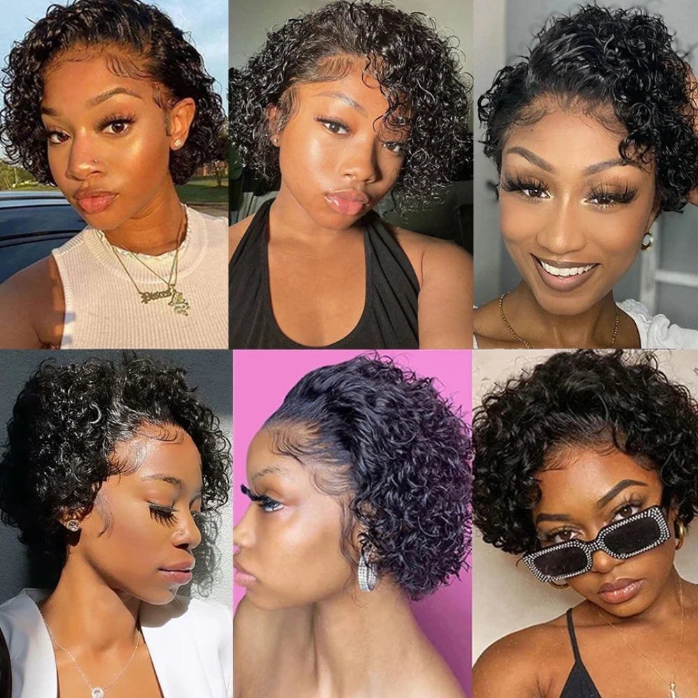 Pixie Cut Water Wave Transparent Lace Front Wig