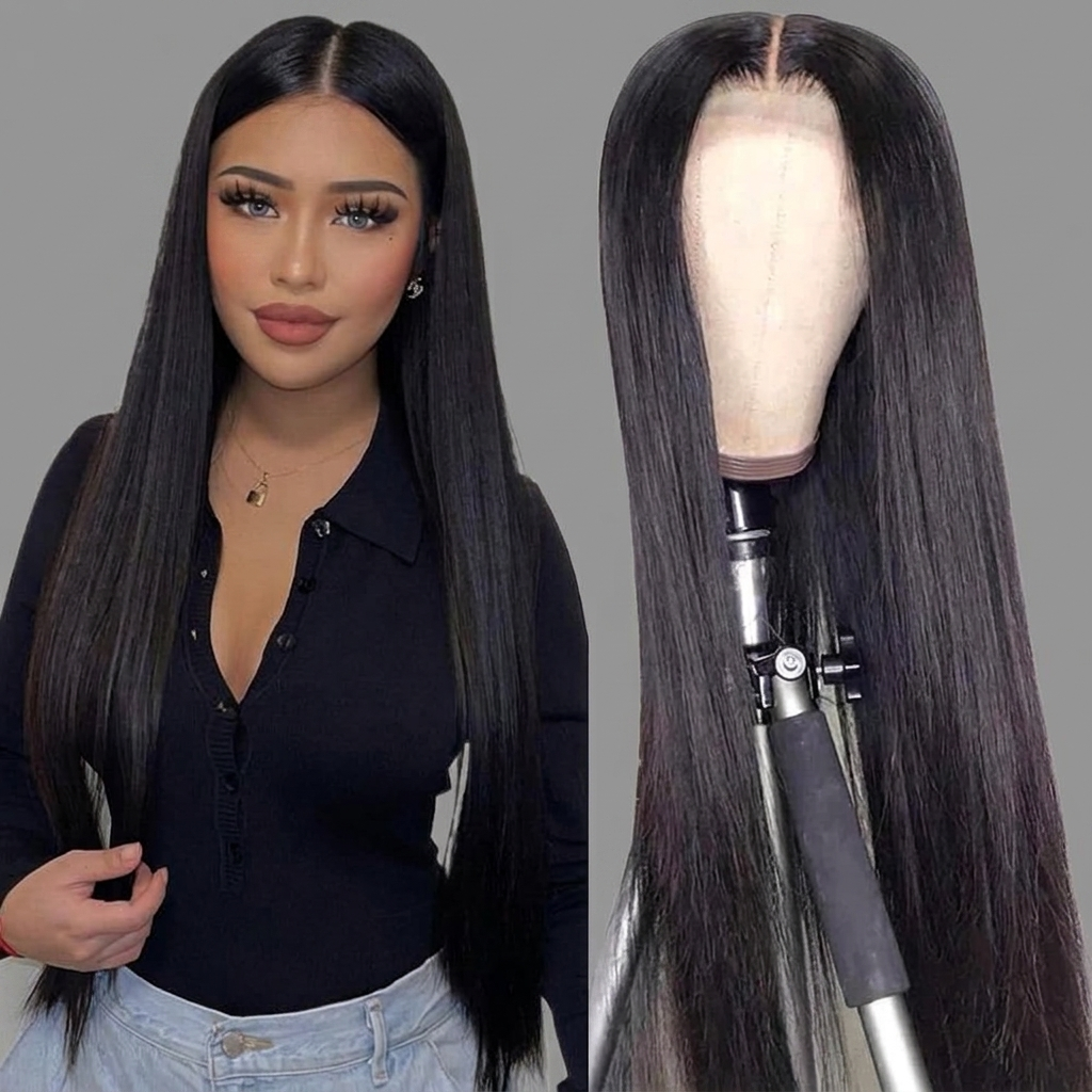 4x4 natural straight human hair HD lace closure wig – Long straight black wig displayed on a mannequin head, with a woman modeling the wig on the left side.