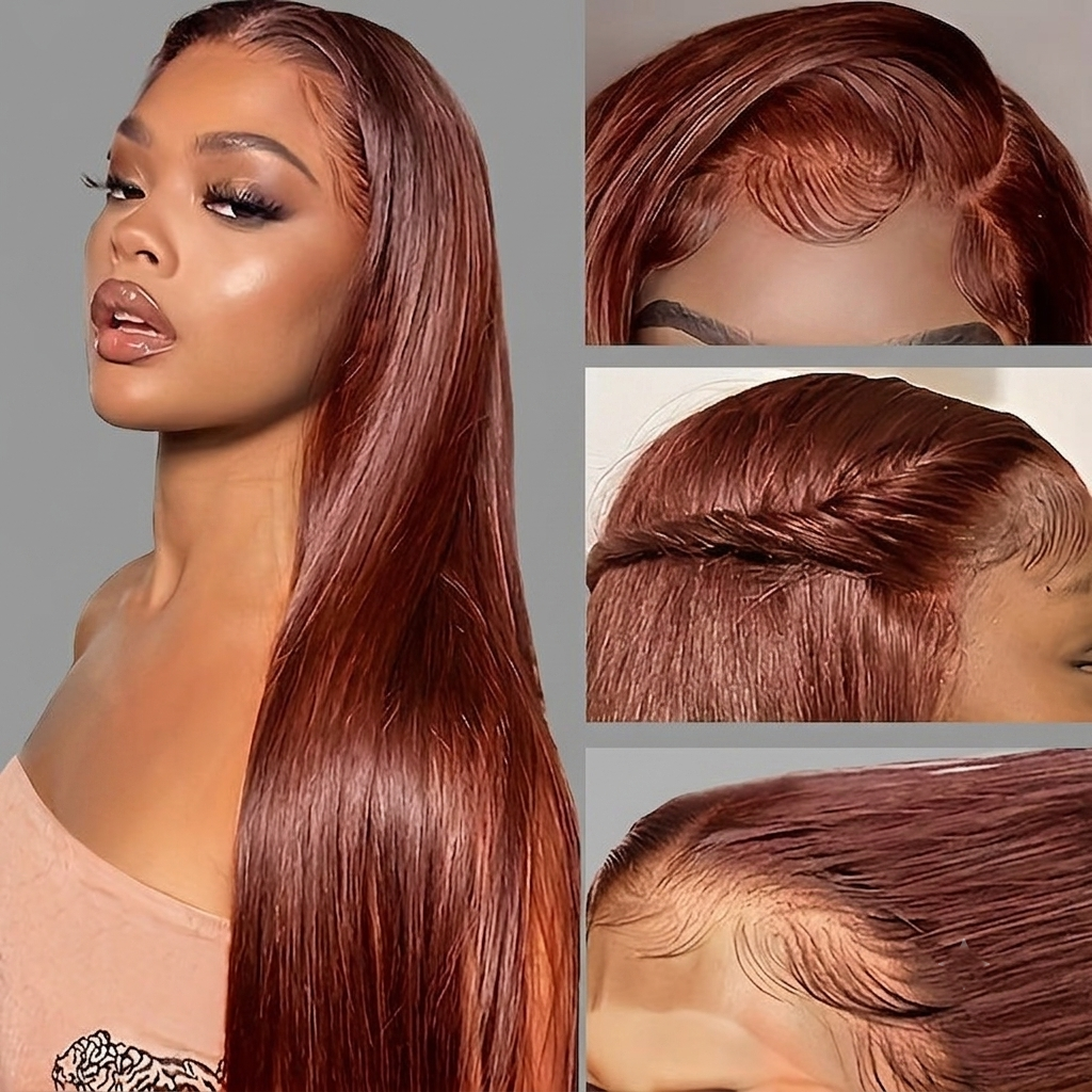 A woman modeling a long, straight, auburn-brown wig with deep side parting, shown alongside three close-up panels highlighting the hair texture, part line, and lace attachment.
