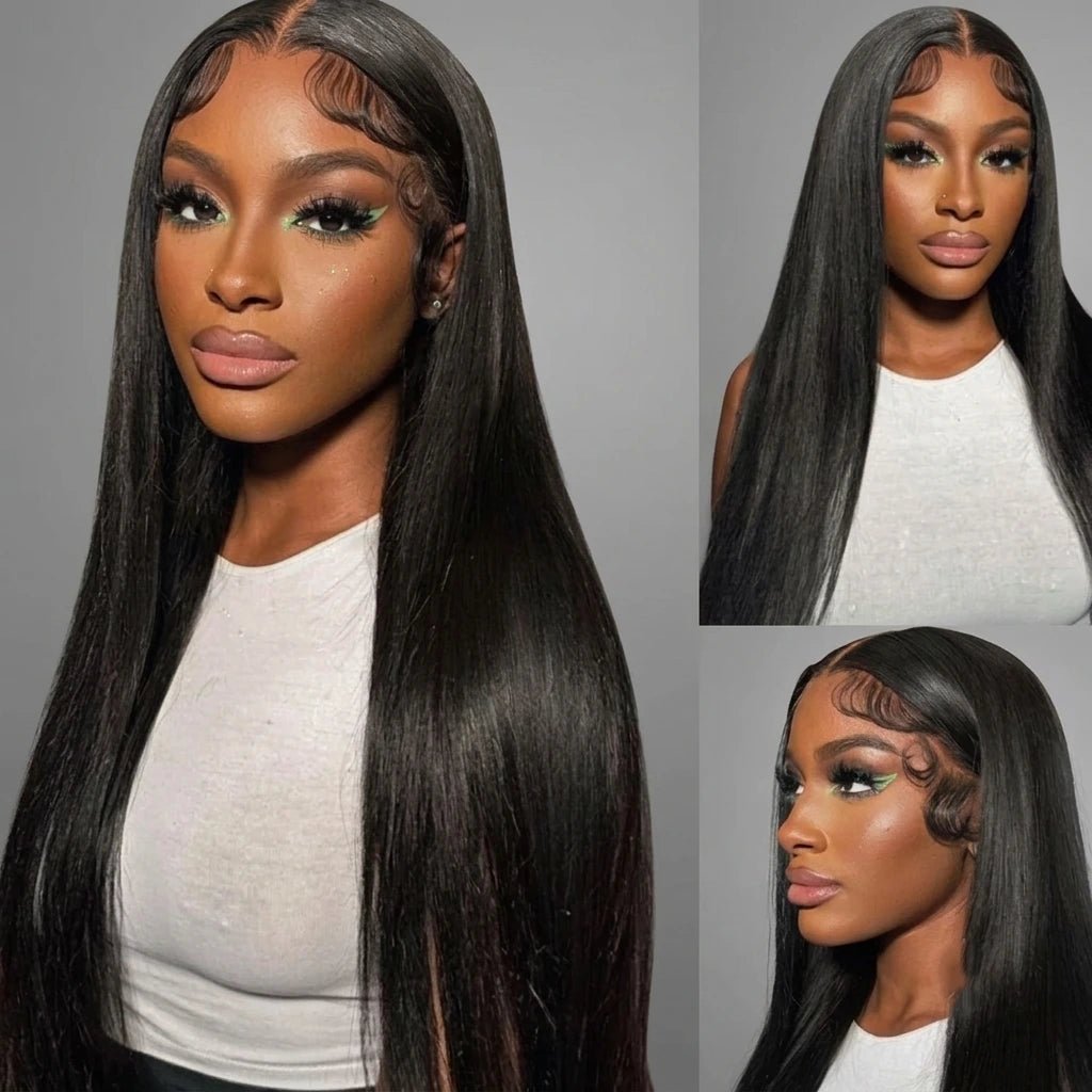 Model wearing the black bone straight lace frontal wig, front and side angles