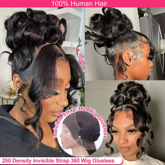 Real Invisi Strap Snug Fit 360 Full Lace Glueless Wig Lace Frontal Wig 250 Density 30 Inch Body Wave Lace Front Human Hair Wig