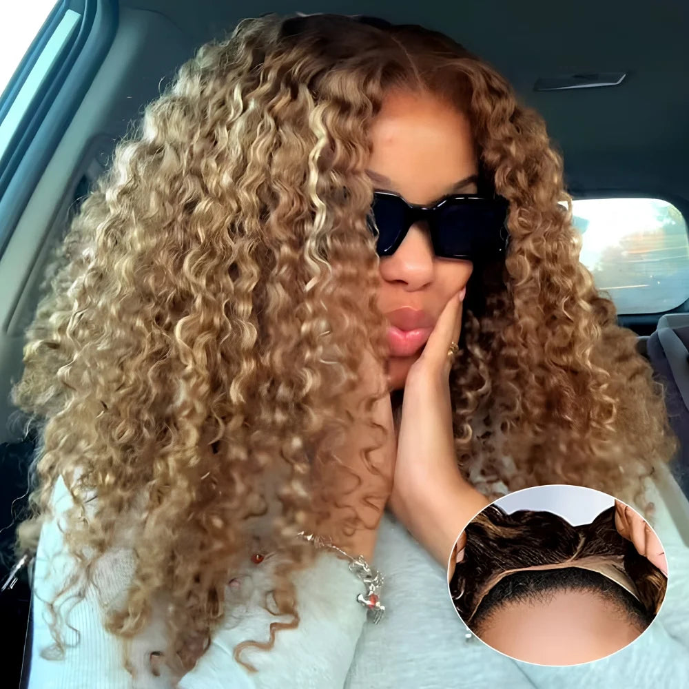 Honey Blonde Highlight Deep Wave Glueless Wig