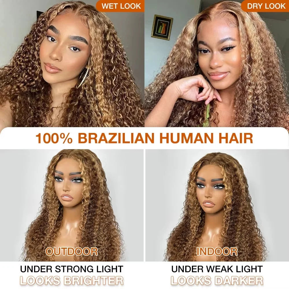 Honey Blonde Highlight Deep Wave Glueless Wig