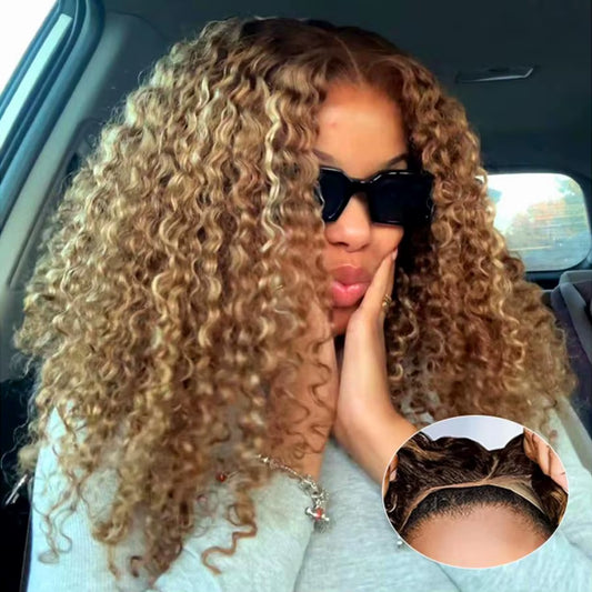 Honey Blonde Deep Wave Glueless Wigs 100% Human Hair Pre Cut Highlight Wear and Go Curly Wigs for Women Ombre HD Lace Front Wig
