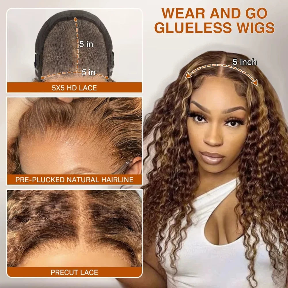 Honey Blonde Highlight Deep Wave Glueless Wig