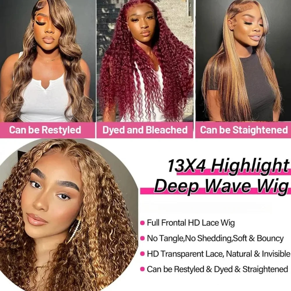 Highlight Deep Wave 13x4 HD Lace Front Glueless Wig