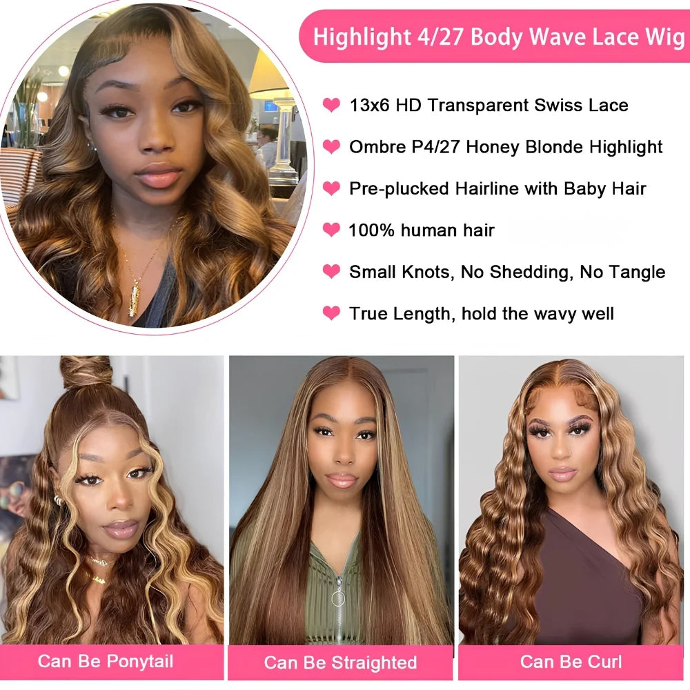 34" Honey Blonde Body Wave Highlight Wig