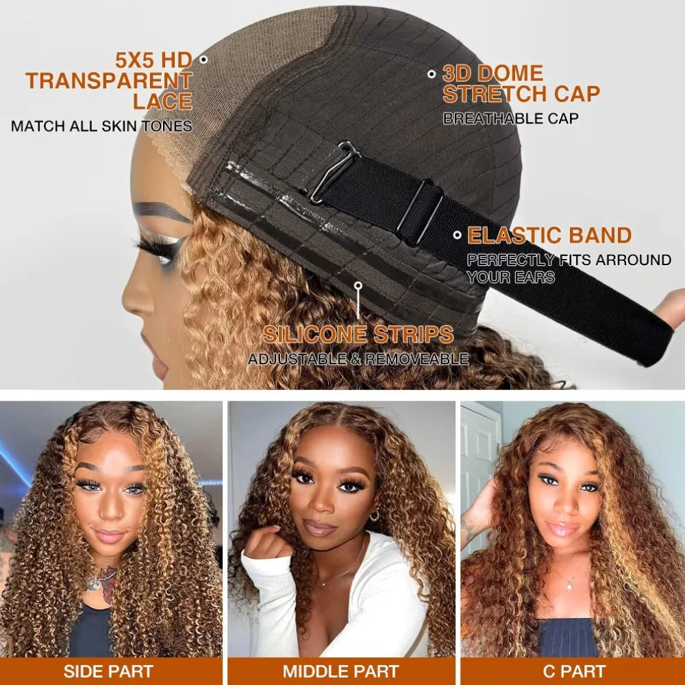 Honey Blonde Highlight Deep Wave Glueless Wig