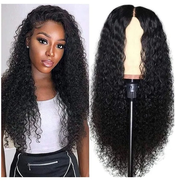 AA long curly synthetic lace front wig – Woman with long curly hair next to a wig on a mannequin head