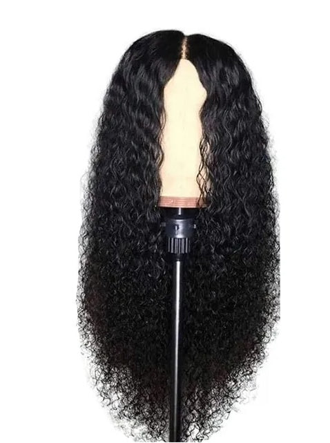 AA long curly synthetic lace front wig – Black curly wig on a mannequin head against a white background