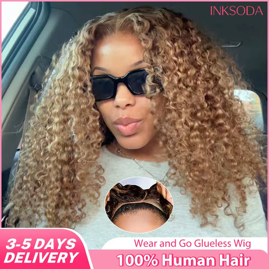 Honey Blonde Deep Wave Glueless Wigs 100% Human Hair Pre Cut Highlight Wear and Go Curly Wigs for Women Ombre HD Lace Front Wig