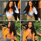 AA long curly synthetic lace front wig – Collage of a woman posing outdoors with different outfits.