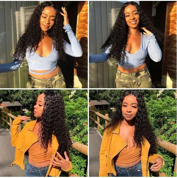 AA long curly synthetic lace front wig – Collage of a woman posing outdoors with different outfits.