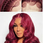 Model in the 99J burgundy body wave wig with close-ups of the pre-plucked lace cap