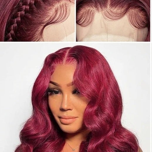 Model in the 99J burgundy body wave wig with close-ups of the pre-plucked lace cap