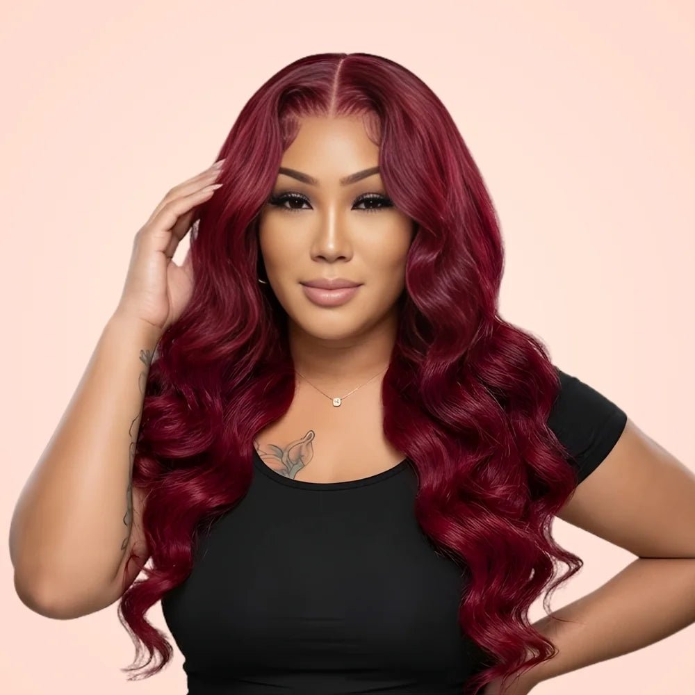 Model wearing a 99J burgundy body wave 13x4 HD lace front wig