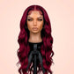 99J burgundy body wave HD lace front wig displayed on a mannequin head