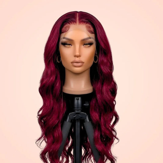 99J burgundy body wave HD lace front wig displayed on a mannequin head