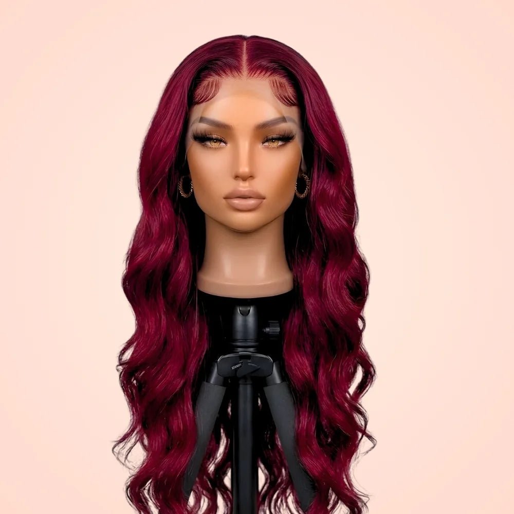 99J burgundy body wave HD lace front wig displayed on a mannequin head