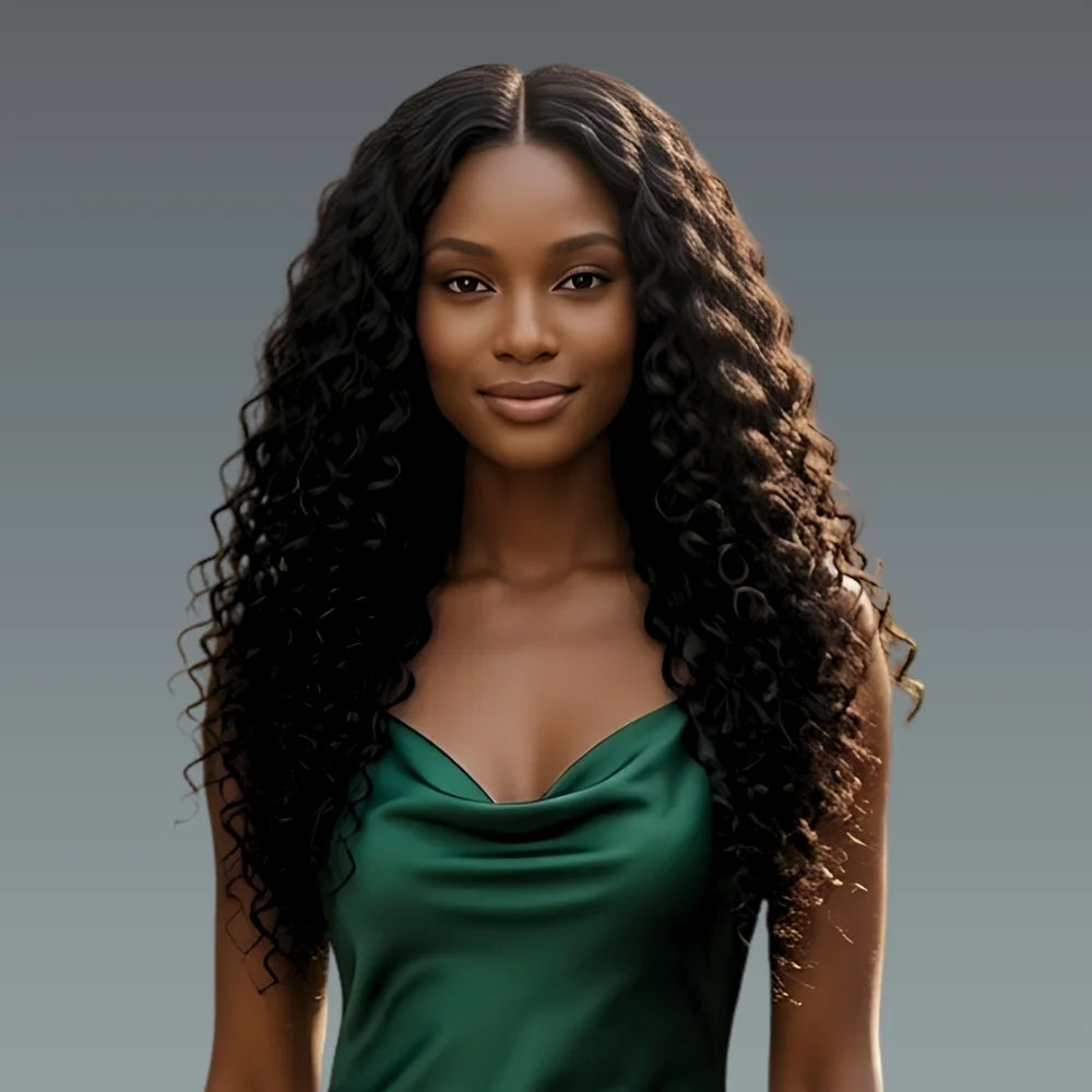 AA long curly synthetic lace front wig – Woman with long, wavy curly hair wearing a green dress against a gray background