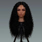 AA long curly synthetic lace front wig – Black curly wig on a mannequin head against a gray background