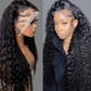 A split-screen view showing a woman modeling a long, black, curly wig. The left side shows a side profile view of the wig with a lace part, and the right side shows a front view of the wig with voluminous curls.