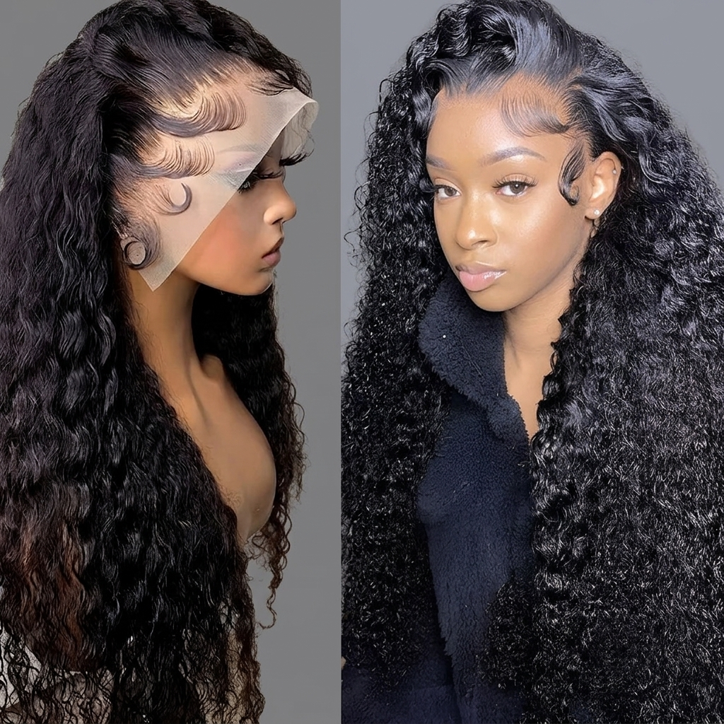 A split-screen view showing a woman modeling a long, black, curly wig. The left side shows a side profile view of the wig with a lace part, and the right side shows a front view of the wig with voluminous curls.