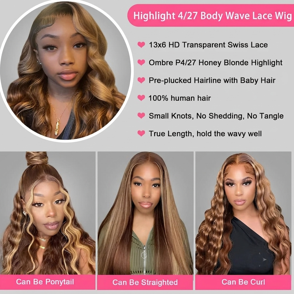 34" Honey Blonde Body Wave Highlight Wig