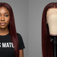 A long, straight wig in deep burgundy red is shown on a model on the left and on a mannequin head stand on the right, against a solid gray background.