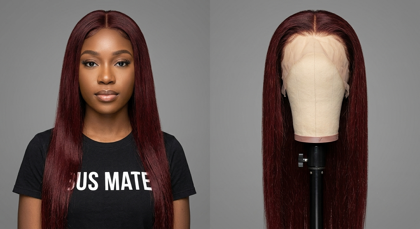 A long, straight wig in deep burgundy red is shown on a model on the left and on a mannequin head stand on the right, against a solid gray background.