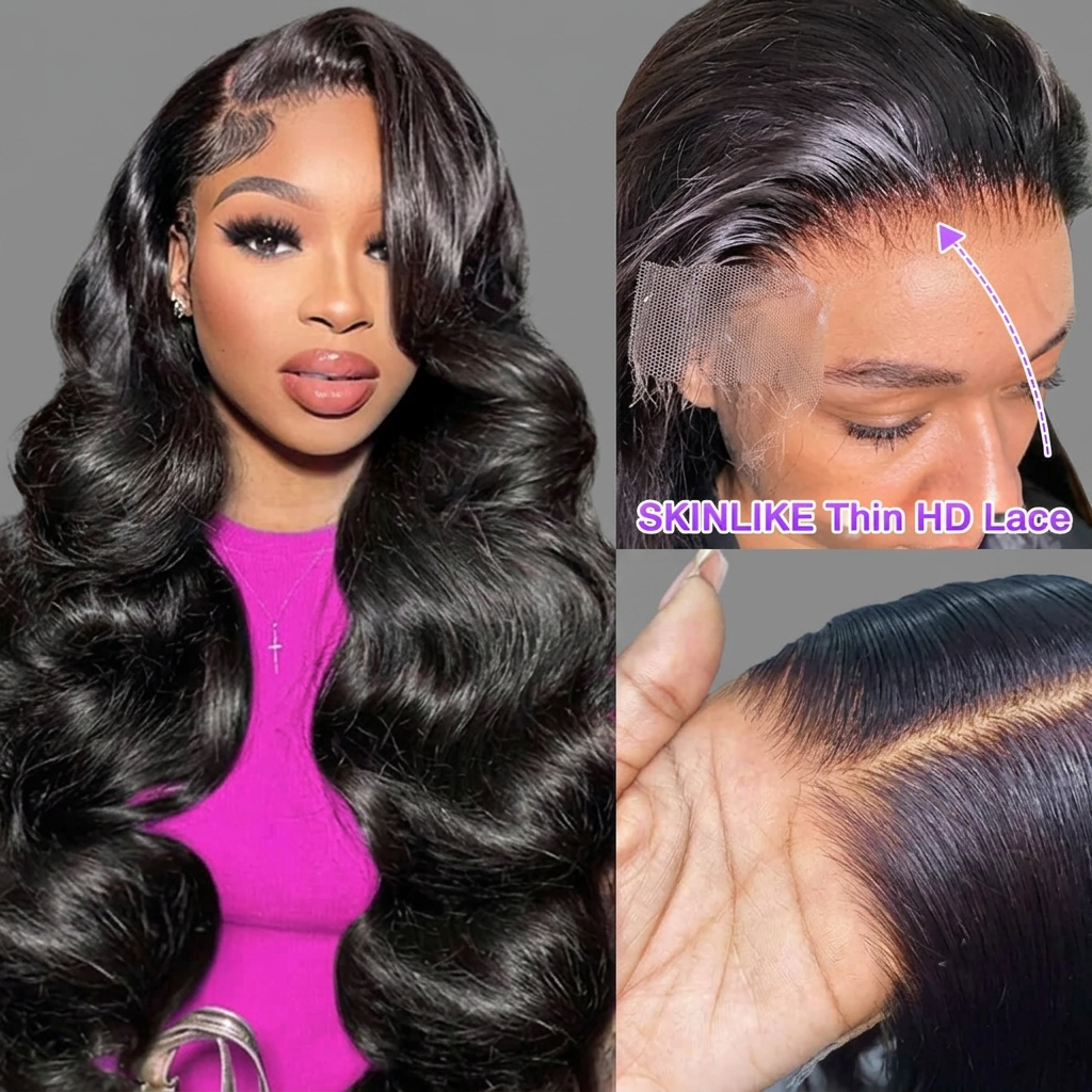 Long, glossy black body wave wig with thin, realistic hairline lace, shown on a model and in close-up detail shots highlighting the lace part and hair texture.