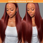 A side-by-side comparison of a model wearing a long, straight, auburn-red wig. The top of the image features an orange banner with the text '100% HUMAN HAIR' in white.