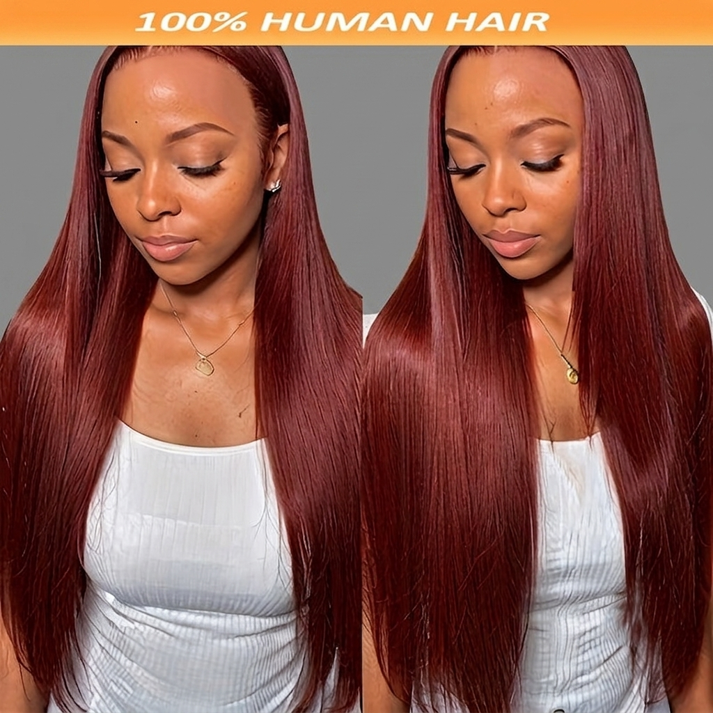A side-by-side comparison of a model wearing a long, straight, auburn-red wig. The top of the image features an orange banner with the text '100% HUMAN HAIR' in white.