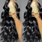 Two side-by-side views of a black wavy wig displayed on a mannequin head against a gray background, with a hand holding the mannequin's face area to show the wig's base and hair texture.