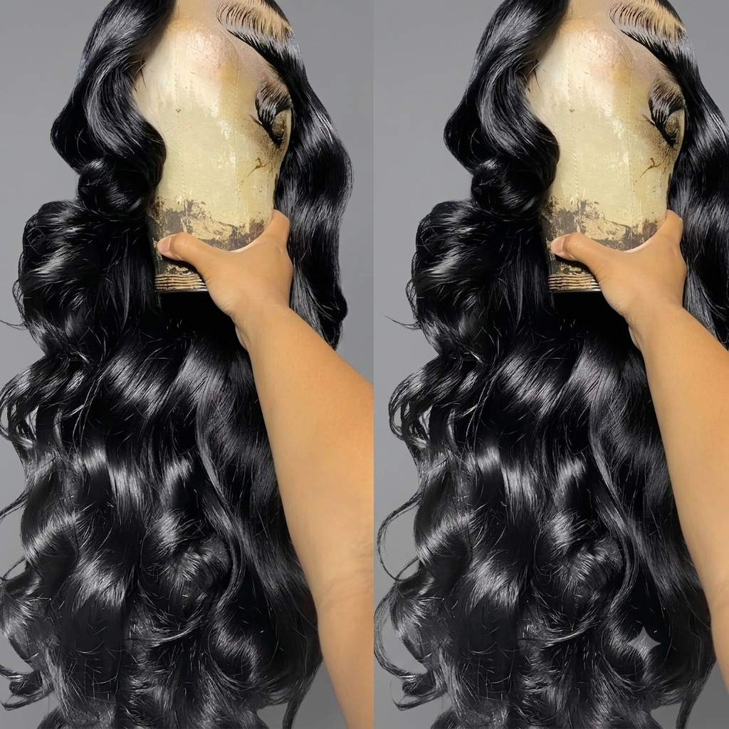Two side-by-side views of a black wavy wig displayed on a mannequin head against a gray background, with a hand holding the mannequin's face area to show the wig's base and hair texture.