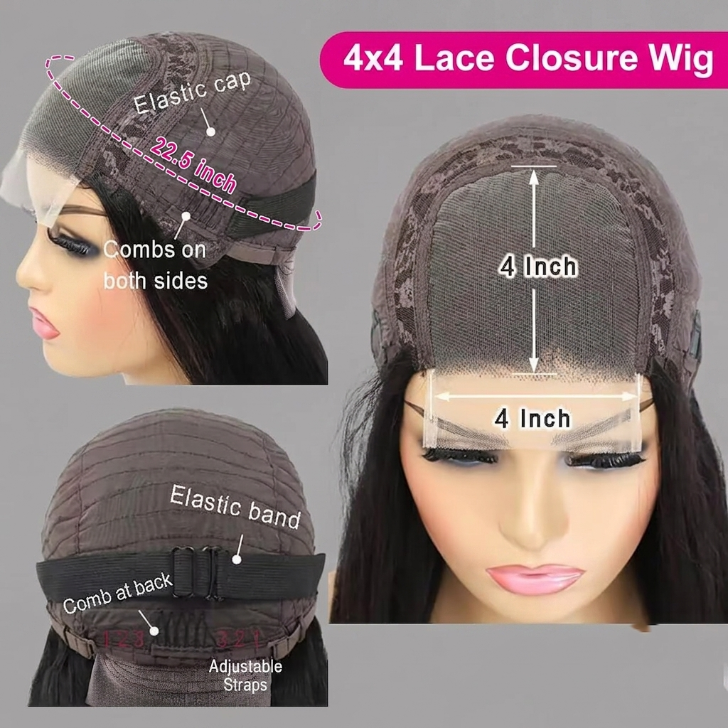 4x4 natural straight human hair HD lace closure wig – A collage showing a 4x4 lace closure wig with measurement callouts.