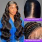 Long, dark brown to black body waves displayed on a model, with two inset close-up views showing the genuine scalp hairline and braided styling space at the back.