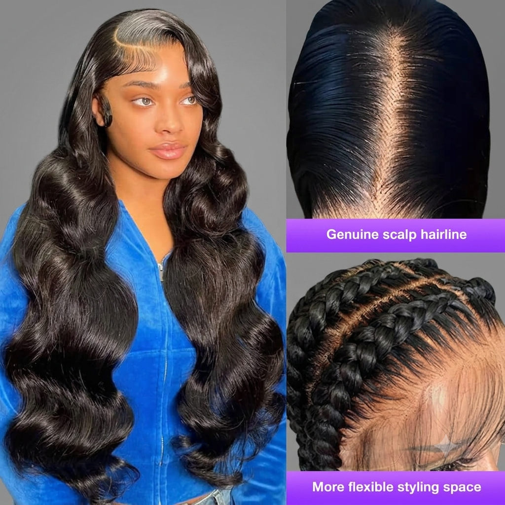 Long, dark brown to black body waves displayed on a model, with two inset close-up views showing the genuine scalp hairline and braided styling space at the back.