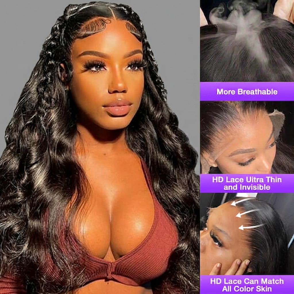 Long, wavy black hair extension or wig shown on a model, with three inset close-up panels demonstrating the lace part, breathability, and skin-matching effect. Text overlays read 'More Breathable,' 'HD Lace Ultra Thin and Invisible,' and 'HD Lace Can Match All Color Skin.