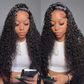 A side-by-side comparison of a woman wearing a long, dark, curly wig. The wig has deep wave curls and a clear lace front, styled over a white crop top against a neutral gray background.