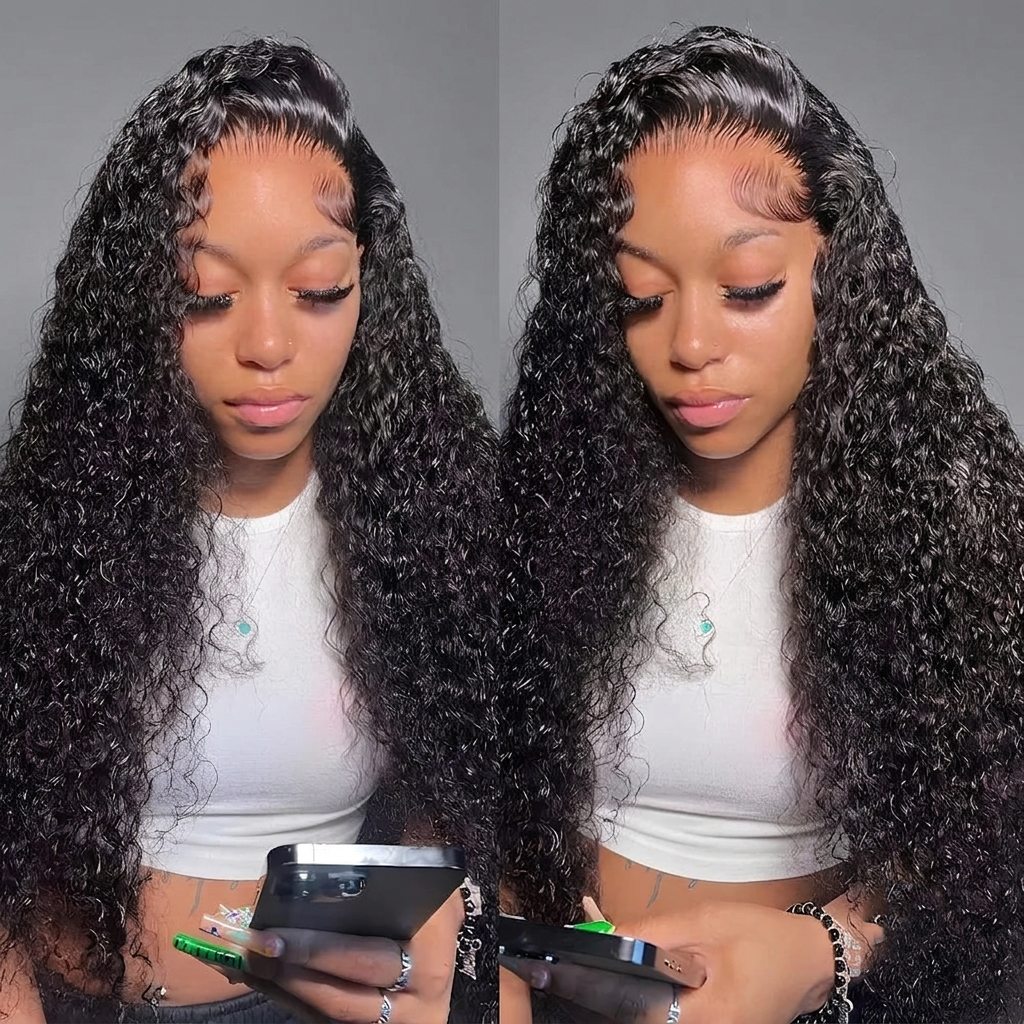A side-by-side comparison of a woman wearing a long, dark, curly wig. The wig has deep wave curls and a clear lace front, styled over a white crop top against a neutral gray background.