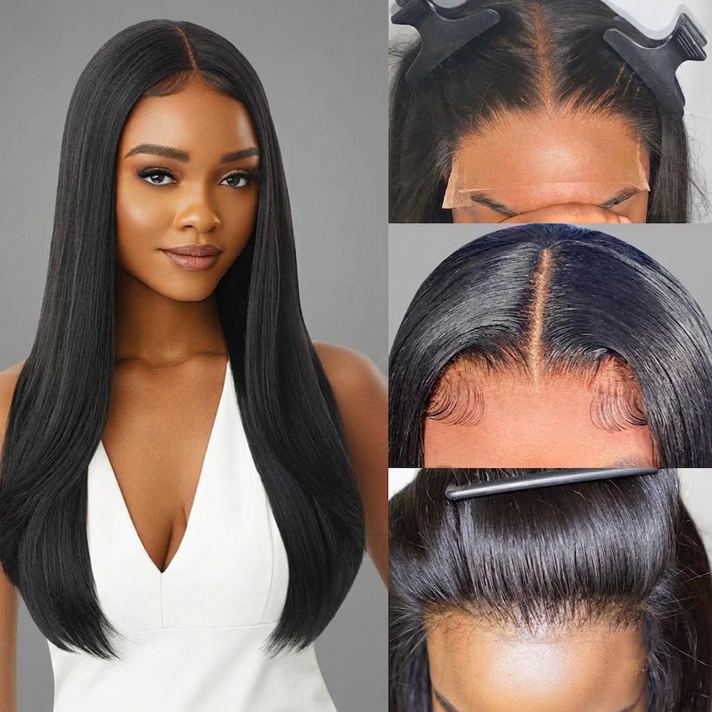 4x4 natural straight human hair HD lace closure wig – A woman modeling a long, straight black wig with a center part, with inset close-up views of the hairline and part details.