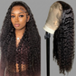A long, dark curly wig displayed on a mannequin head against a plain gray background, with a woman wearing the wig shown on the left and the wig on a stand on the right.