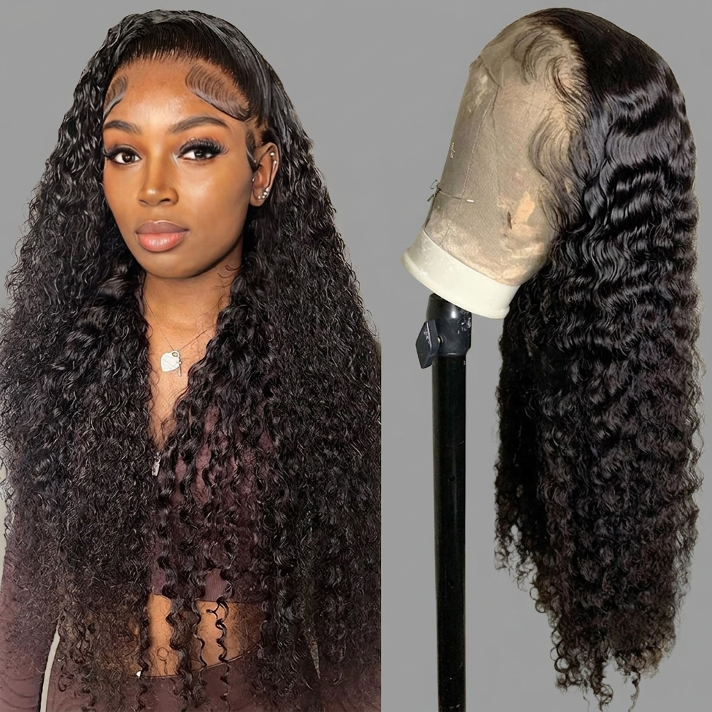 A long, dark curly wig displayed on a mannequin head against a plain gray background, with a woman wearing the wig shown on the left and the wig on a stand on the right.