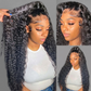 Three-panel collage showing a woman modeling a long, dark curly wig with a deep wave texture and a lace front. The left panel shows the full length of the hair being held up, while the right panels show close-up and side views of the hair against a plain gray background.