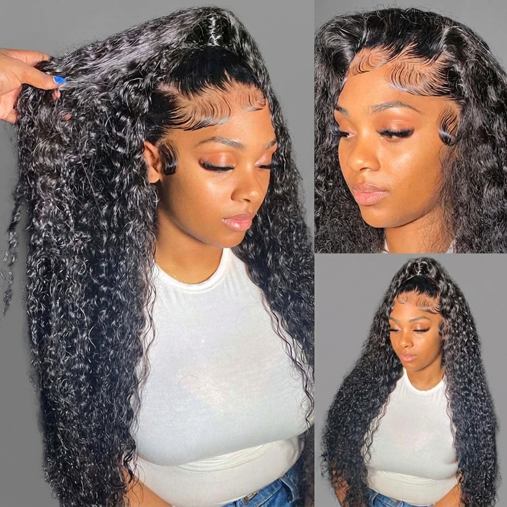 Three-panel collage showing a woman modeling a long, dark curly wig with a deep wave texture and a lace front. The left panel shows the full length of the hair being held up, while the right panels show close-up and side views of the hair against a plain gray background.