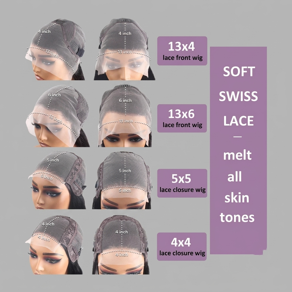 A product information graphic showing six mannequin headshots wearing lace-front wigs in different lengths and closures, with text labels indicating sizes and material: '13x4 lace front wig,' '13x6 lace front wig,' '5x5 lace closure wig,' and '4x4 lace closure wig.' A purple sidebar reads 'SOFT SWISS LACE — melt all skin tones.