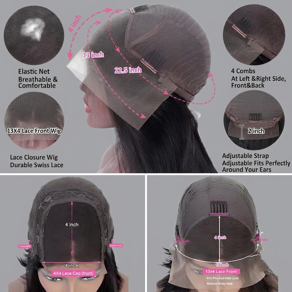 A composite product diagram showing a lace closure wig on a model head, with inset detail circles and measurement callouts. The main view shows the side and back of the wig with pink arrows and text indicating dimensions such as 13 inches, 22.
