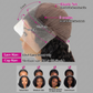 A brown lace front wig shown on a mannequin head with measurement callouts and inset examples of different skin tones. The image includes text noting 4 inches lace, 3 combs, 22.