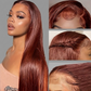 A woman modeling a long, straight, auburn-brown wig with deep side parting, shown alongside three close-up panels highlighting the hair texture, part line, and lace attachment.